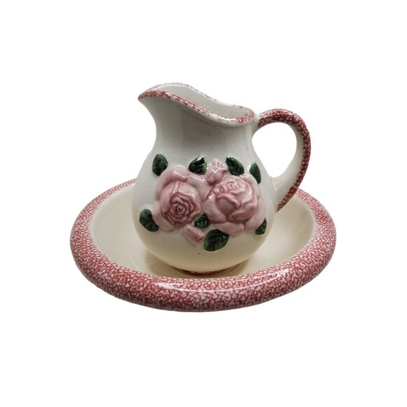 Vintage Wash Basin Bowl and Pitcher with 3D Hand PaintednPink Roses and Sponged - Picture 4 of 7